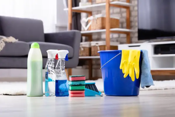 cleaning products and tools on floor